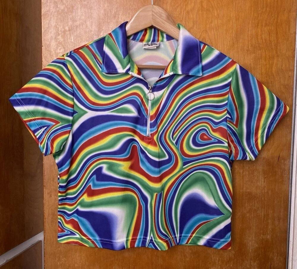 Vintage 90s Riot Girl rebel Trippy Acid Rainbow Rave Psychedelic Zip Shirt Sz L